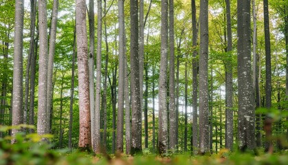 Sunlit Tranquil Forest Scene with Tall, Slender Trees and Vibrant Green Foliage, Creating a Serene and Inviting Natural Woodland Landscape