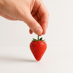 Obraz premium Adult hand holding single ripe strawberry by the green stem above white surface detailed seeds and glossy skin fresh fruit concept for healthy diet snack dessert and food styling