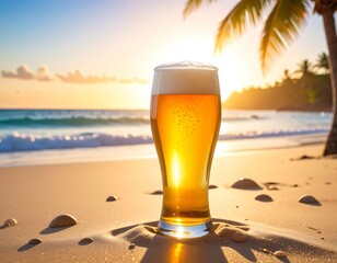 Beer glass on sunny beach with palm trees and ocean