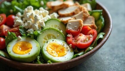 Delicious cobb salad with grilled chicken, eggs, feta cheese, tomatoes, and cucumber. This healthy meal offers fresh ingredients, perfect for lunch or dinner. Enjoy this vibrant dish.