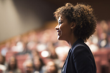  Exited woman motivational speaker on stage in front of an audience . Diversity, Success, Leadership