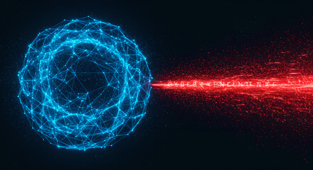 Blue wireframe sphere emitting red laser beam. Futuristic digital network and cyber technology. Data transmission and connection concept for virtual reality applications