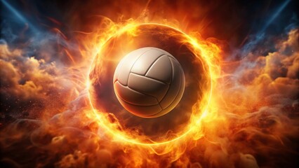 Naklejka premium Fiery Ring of Glory A Volleyball Soars Through a Blazing Inferno, Embracing the Heat and Passion of Intense Competition
