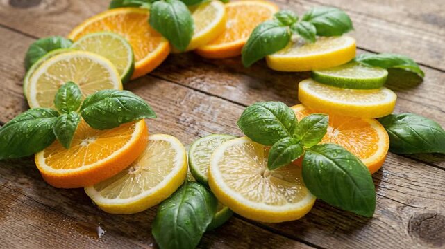 Citrus Fruit Slices and Basil Leaves Arranged on Wood Grain Surface