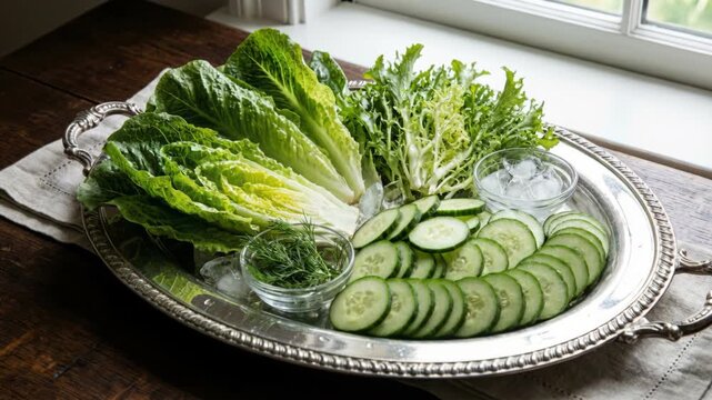 Fresh Green Romaine Lettuce with Cucumber Slices on Silver Platter with Ice on Wooden Table