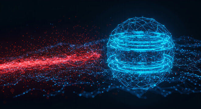 Blue wireframe sphere with glowing particles and red energy streak on dark background. Futuristic digital globe visualization for technology innovation and abstract science concepts. - Powered by Adobe