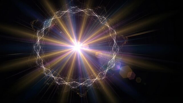 Radiant Light Explosion in Black Background with Blue Purple and Yellow Rays
