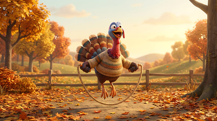 Turkey sport cartoon character in autumn park