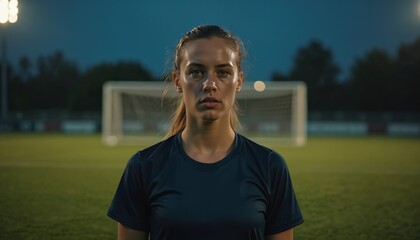 Young woman soccer player stands on green grass field at night. Football goal and stadium lights in background. Female athlete looks at camera with determined expression, ready for game.