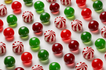 Obraz premium Assorted colorful candies in red green and white on white background