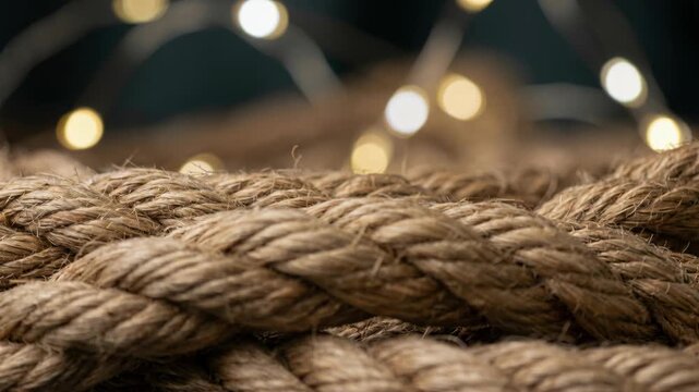 Braided Brown Manila Rope Twine With Warm Bokeh Lights Against Dark Background