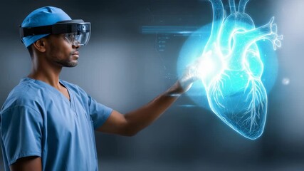 A doctor uses augmented reality to examine a 3D hologram of a human heart, showcasing cutting edge medical visualization. The scene highlights the future of digital healthcare solutions - Powered by Adobe