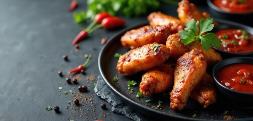 Cooked chicken wings with spicy sauce and fresh herbs. Serve on a black plate with dipping sauce bowls. Appetizing snack, perfect for bar-b-q party, casual dinner.