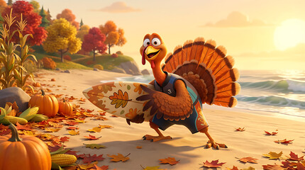 Turkey sport cartoon character in autumn park