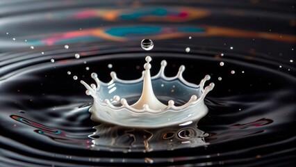 Water droplet creates stunning splash on dark surface in a colorful setting