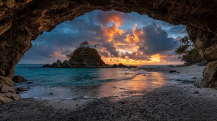 Dramatic sunset illuminates tropical seascape viewed through a dark rock formation entrance