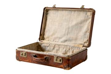 Vintage leather suitcase opened and ready for packing isolated on transparent background
