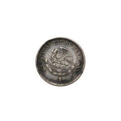 Vintage Mexican silver coin featuring an eagle and snake emblem isolated on transparent