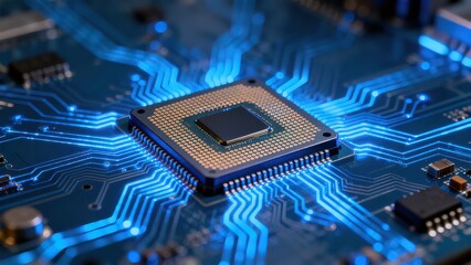 Closeup of a computer chip with glowing circuits