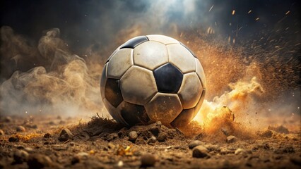 Fototapeta premium A weathered soccer ball explodes into a cloud of dust and sparks, leaving a fiery trail in its wake.