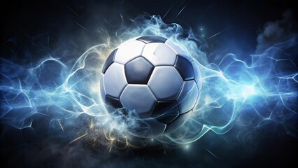 Fototapeta premium A Dynamic Soccer Ball Enveloped in Energetic, Mystical Blue Smoke and Glowing Particles, Representing the Power and Excitement of the Sport