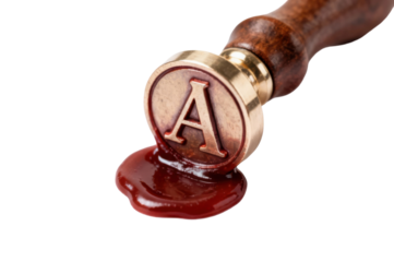Vintage wax seal stamp with letter A impressing onto molten wax on a dark background