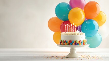 Colorful Birthday Cake with Lit Candles and Festive Balloons