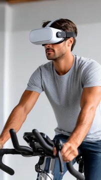 A fit male uses a VR headset while pedaling on a stationary bike, blending physical exercise with digital simulation. Innovative technology transforms traditional indoor cycling routines