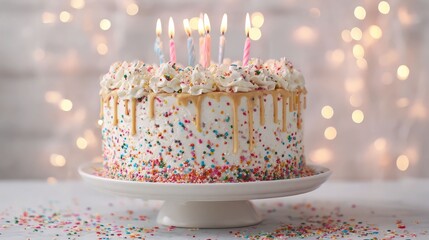 Elegant Birthday Cake with Candles and Soft Bokeh Lights