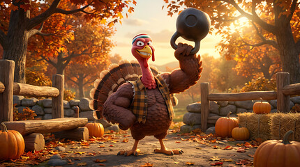 Turkey sport cartoon character in autumn park