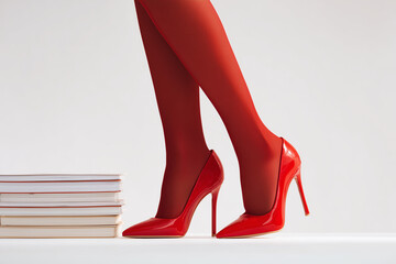 Female Legs in Red Heels on Books Studio Shot