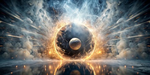 A soccer ball bursts through a fiery ring of energy, leaving a trail of sparks and smoke in its wake.