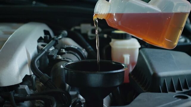 The image shows a person pouring liquid, likely oil, from a container into a funnel that is placed in a car engine. The background reveals parts of the car's engine compartment.