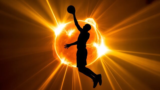 Basketball player silhouette in HD, vibrant solar flare backdrop. High quality, 8K brilliance for enthusiasts. High quality.