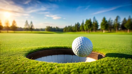 A Golf Ball Descending into the Cup on a Lush Green Putting Green at Sunset