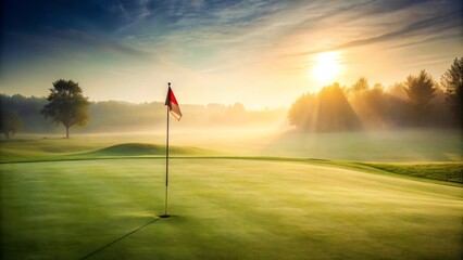Serene Sunrise on a Lush Green Golf Course Putting Green with Flag