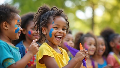 Smiling kids with face paint enjoy outdoor festival. Children wear casual clothes, hold colorful flags, share joyful moments. Diverse group celebrates Juneteenth event.