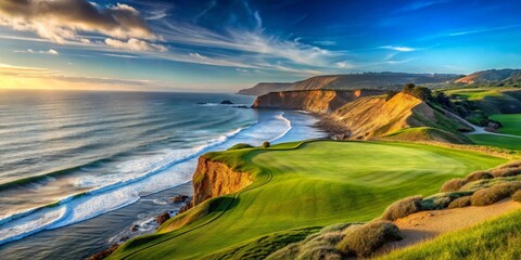 Oceanside Golf Course at Sunset A breathtaking vista of a verdant golf course overlooking a dramatic coastline, bathed in the golden light of a setting sun, with waves crashing against the cliffs