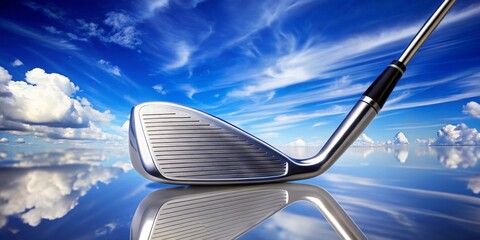 A gleaming golf club rests on a tranquil surface, mirroring a vibrant sky filled with fluffy clouds, evoking a serene and peaceful atmosphere perfect for relaxation and enjoying the game.