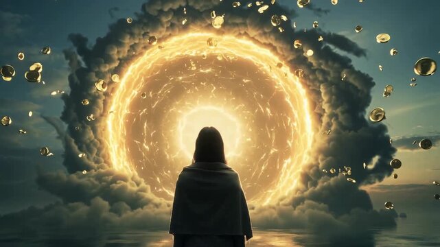 A person stands facing a large, glowing portal in the sky. The portal is surrounded by swirling clouds and scattered debris.