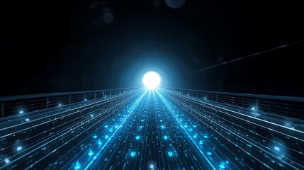 Futuristic Digital Network Bridge with Glowing Data Lines and Technology Background