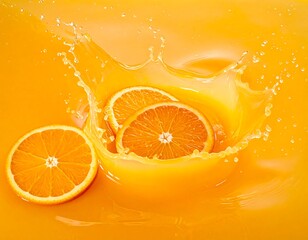 Bright, vibrant image of orange slices splashing into a pool of orange liquid