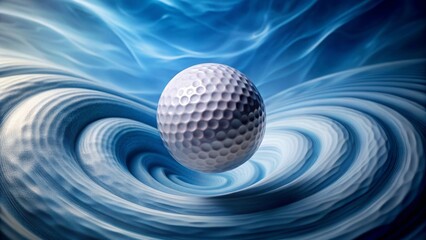 A Golf Ball Suspended in a Swirling Blue Vortex of Abstract Motion and Energy