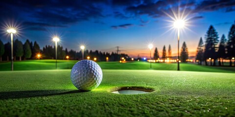 Night Golf Scene A Golf Ball Resting Near the Putting Green Hole Under Illuminated Twilight Sky