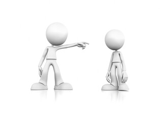 Two simple figures engaging in a discussion, one pointing while the other listens attentively in a minimalistic setting