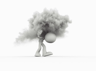 Person with head in smoke walking on plain surface during a creative conceptual representation of stress and confusion