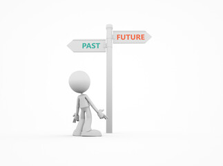 Sign with past and future directions and a figure showing choice between them
