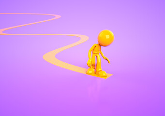Small yellow figure looks down at a line on a purple background during a creative moment