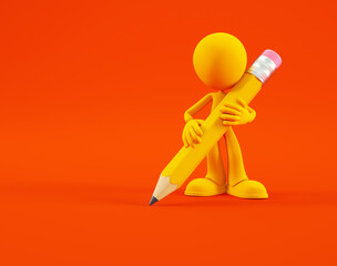Yellow figure holds a large pencil against an orange background with no other objects present