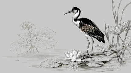 Obraz premium Elegant Heron Standing by Water Lily in Serene Natural Landscape